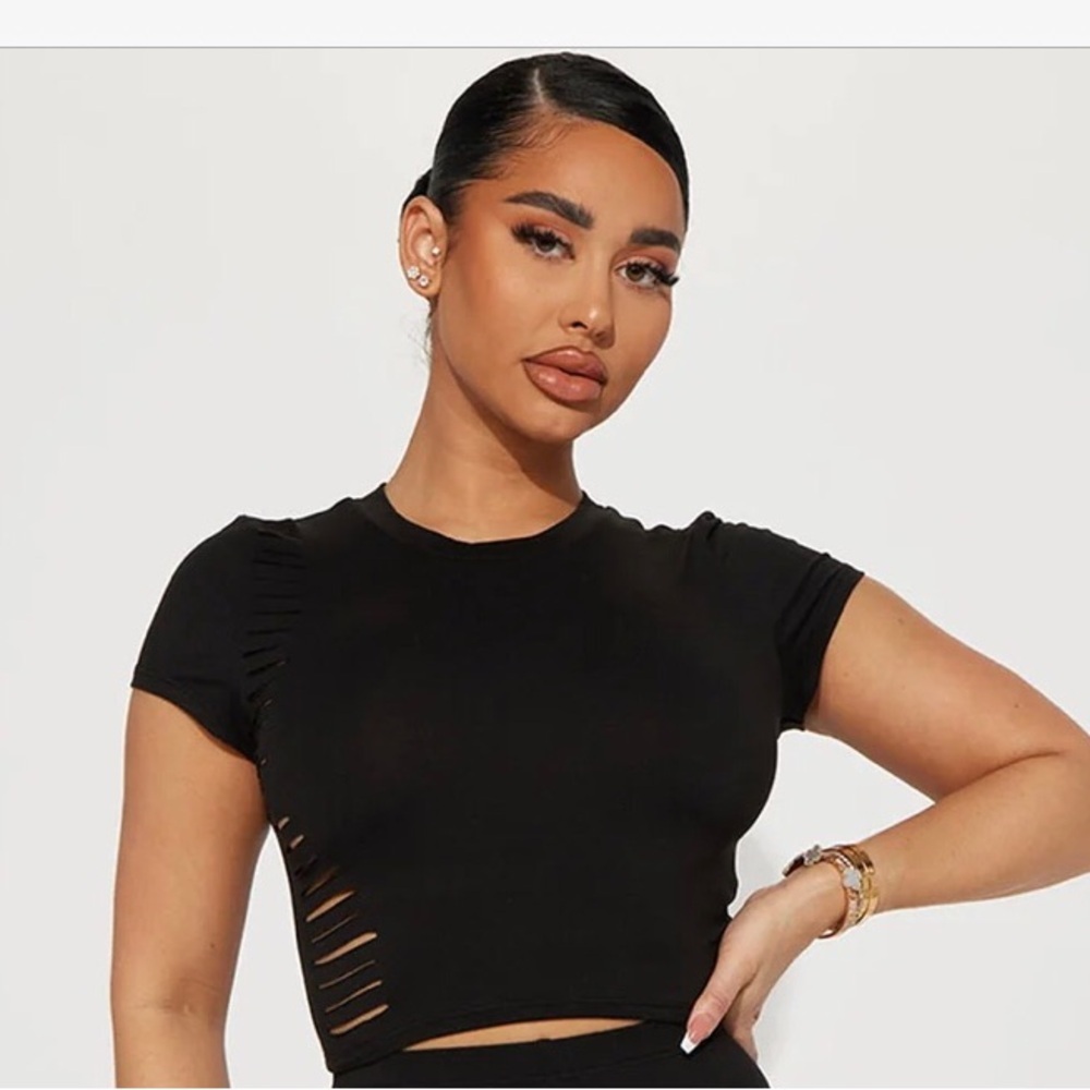 Fashion Nova Black Fitted Crop Top with Cut Out Details